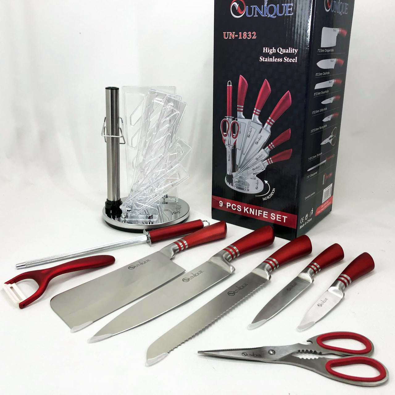 Набор ножей UNIQUE UN-1832 с подставкой 9 предметов овощечистка точилка ножницы Нержавеющая сталь
