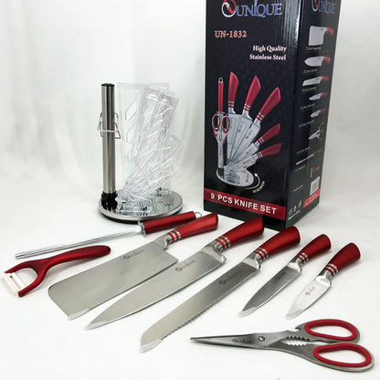 Набор ножей UNIQUE UN-1832 с подставкой 9 предметов овощечистка точилка ножницы Нержавеющая сталь