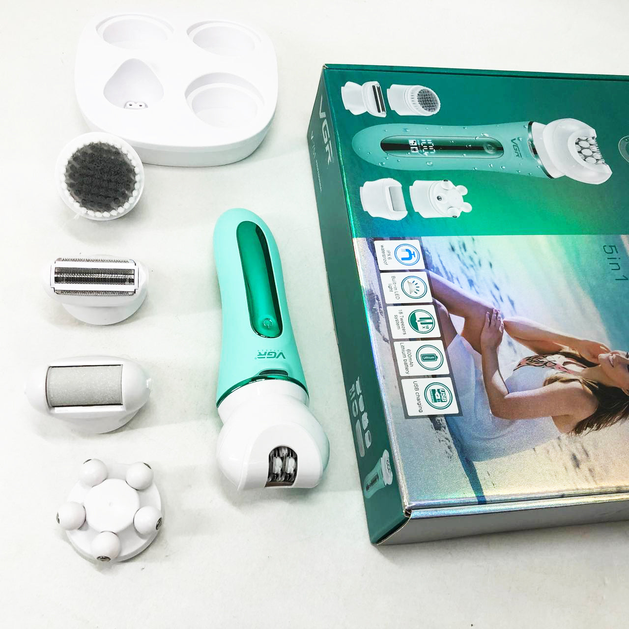 Эпилятор VGR 5 в 1 V-751, 5 насадок. Цвет: зеленый