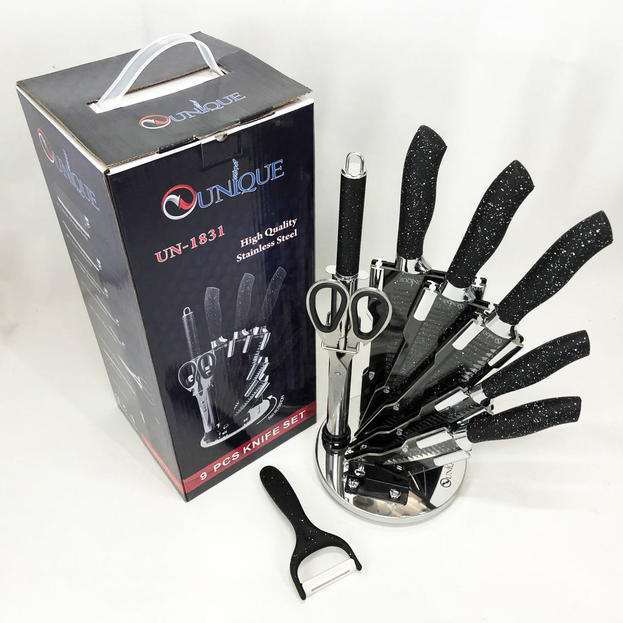Набор ножей UNIQUE UN-1831, 9 предметов, с подставкой, нержавеющая сталь, с овощечисткой, черный