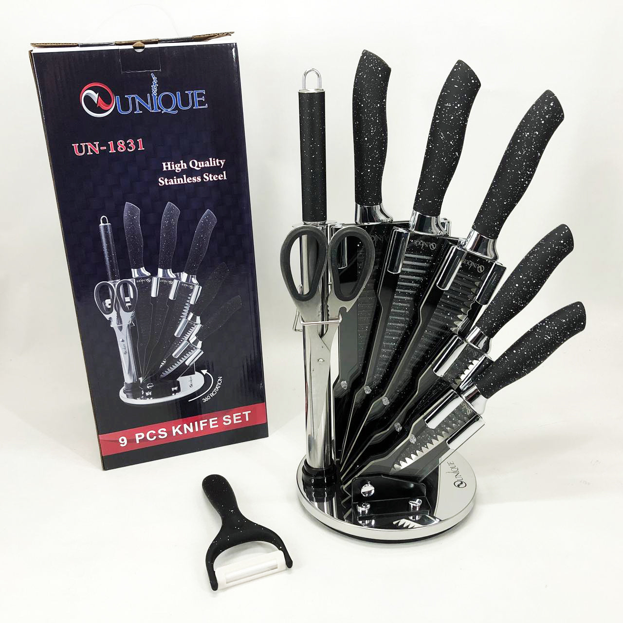 Набор ножей UNIQUE UN-1831, 9 предметов, с подставкой, нержавеющая сталь, с овощечисткой, черный