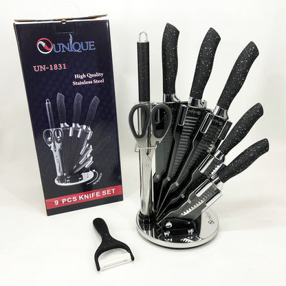 Набор ножей UNIQUE UN-1831, 9 предметов, с подставкой, нержавеющая сталь, с овощечисткой, черный