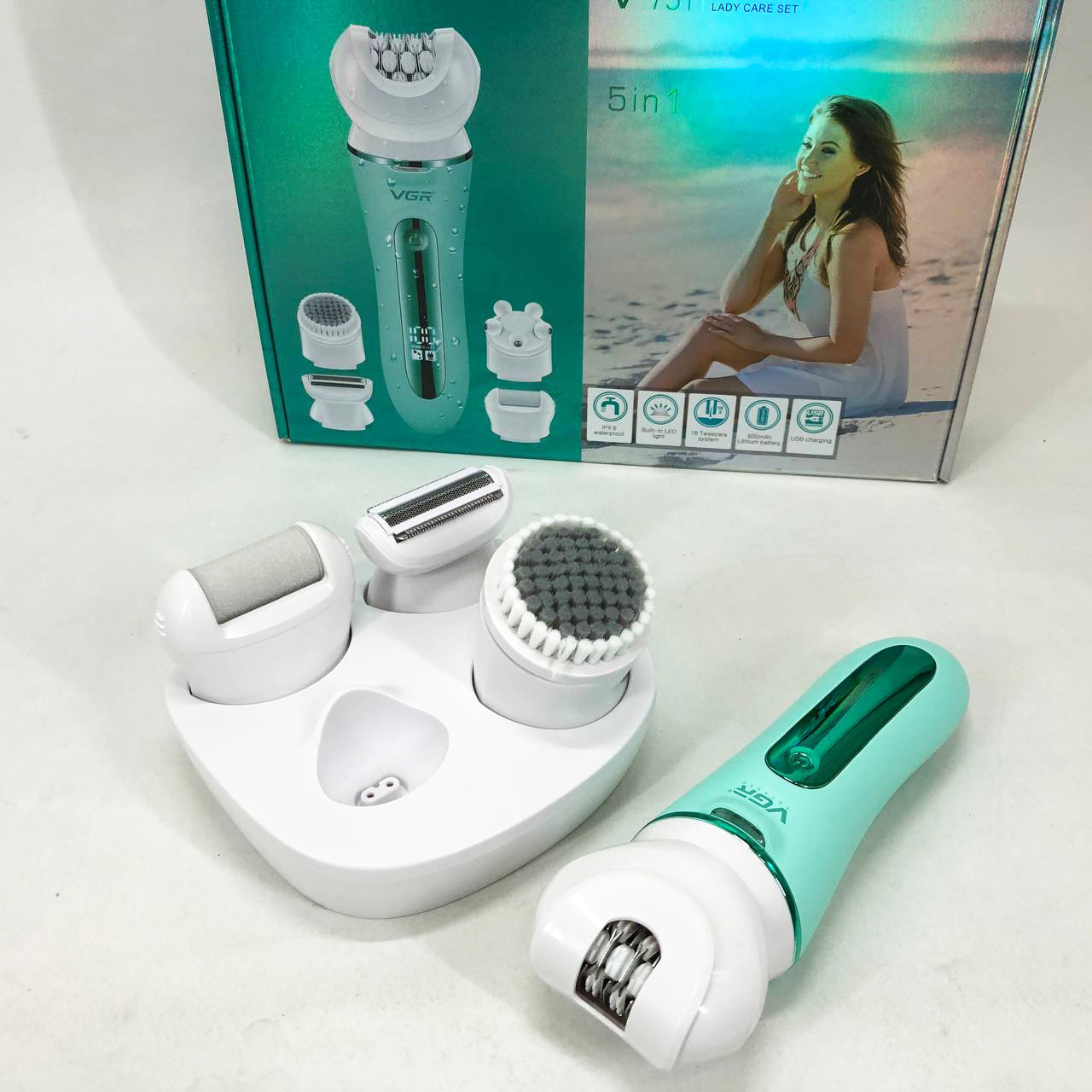 Эпилятор VGR 5 в 1 V-751, 5 насадок. Цвет: зеленый