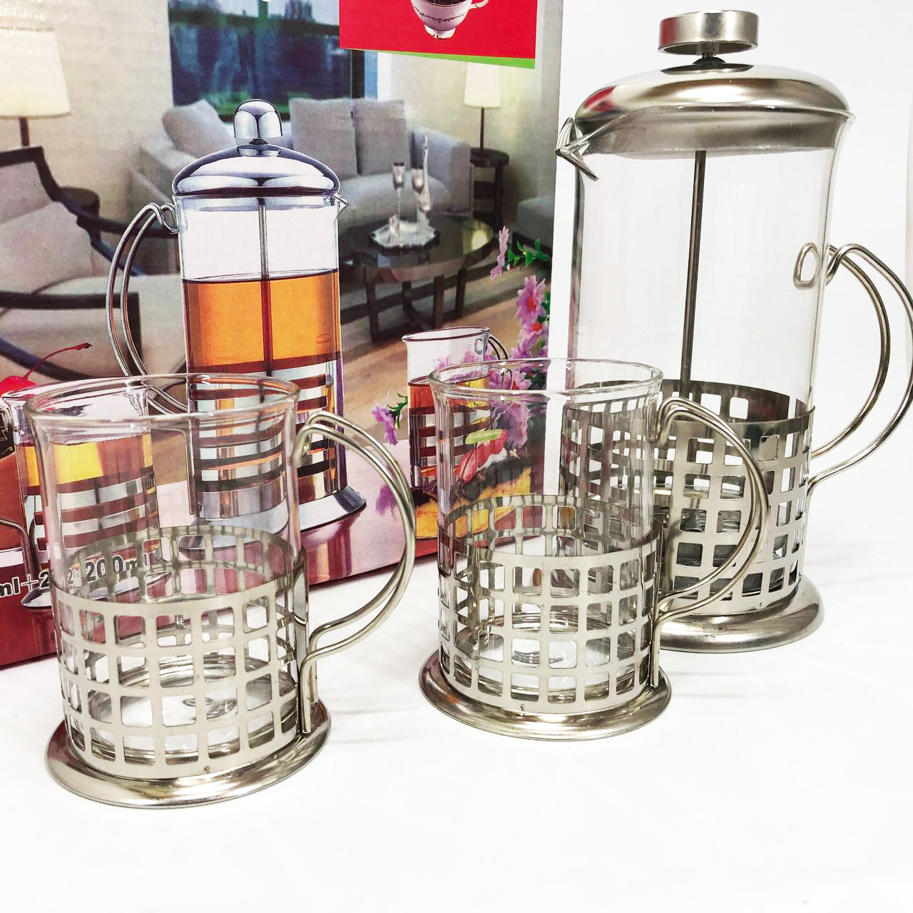 Пресс заварник из жаропрочного боросиликатного стекла UNIQUE UN-1155 0.6 л + 2 чашки Френч-пресс для кофе