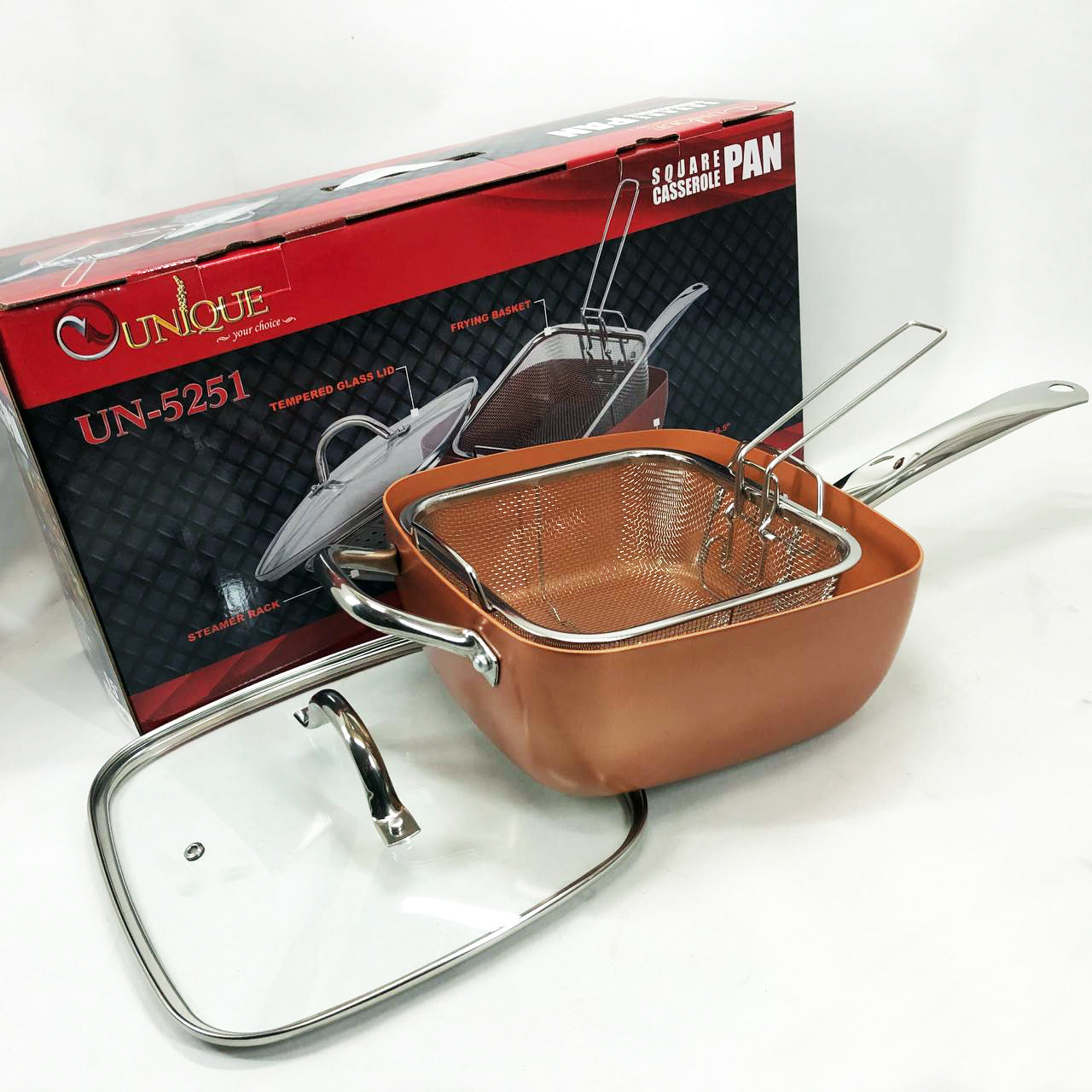Сковорода-фритюрница UNIQUE UN-5251 квадратная антипригарная с пароваркой и кастрюлей + стеклянная крышка 24 см
