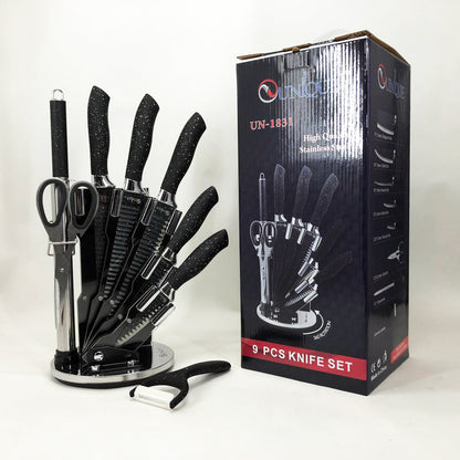 Набор ножей UNIQUE UN-1831, 9 предметов, с подставкой, нержавеющая сталь, с овощечисткой, черный
