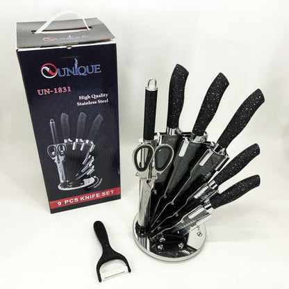 Набор ножей UNIQUE UN-1831, 9 предметов, с подставкой, нержавеющая сталь, с овощечисткой, черный
