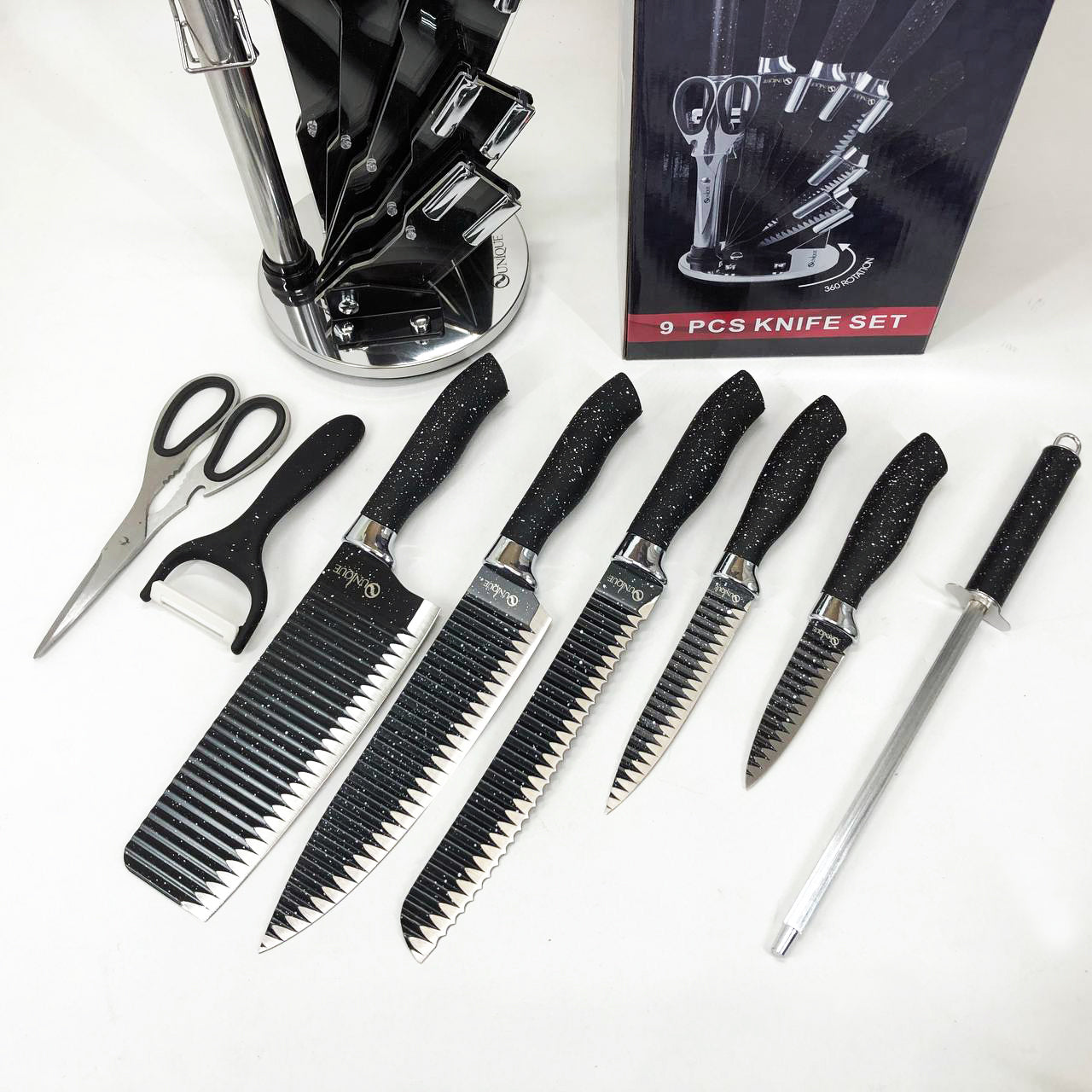 Набор ножей UNIQUE UN-1831, 9 предметов, с подставкой, нержавеющая сталь, с овощечисткой, черный