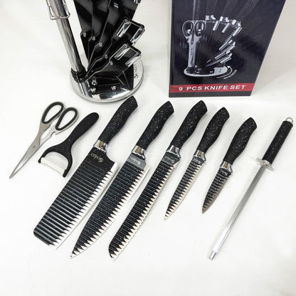 Набор ножей UNIQUE UN-1831, 9 предметов, с подставкой, нержавеющая сталь, с овощечисткой, черный