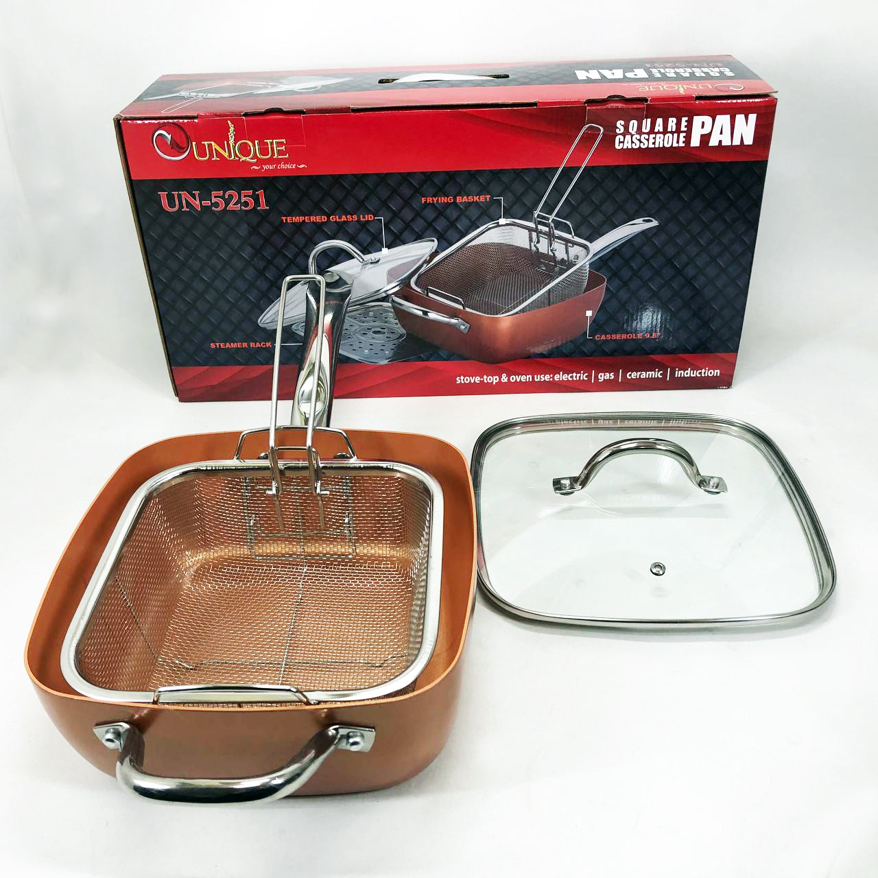 Сковорода-фритюрница UNIQUE UN-5251 квадратная антипригарная с пароваркой и кастрюлей + стеклянная крышка 24 см