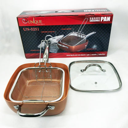 Сковорода-фритюрница UNIQUE UN-5251 квадратная антипригарная с пароваркой и кастрюлей + стеклянная крышка 24 см