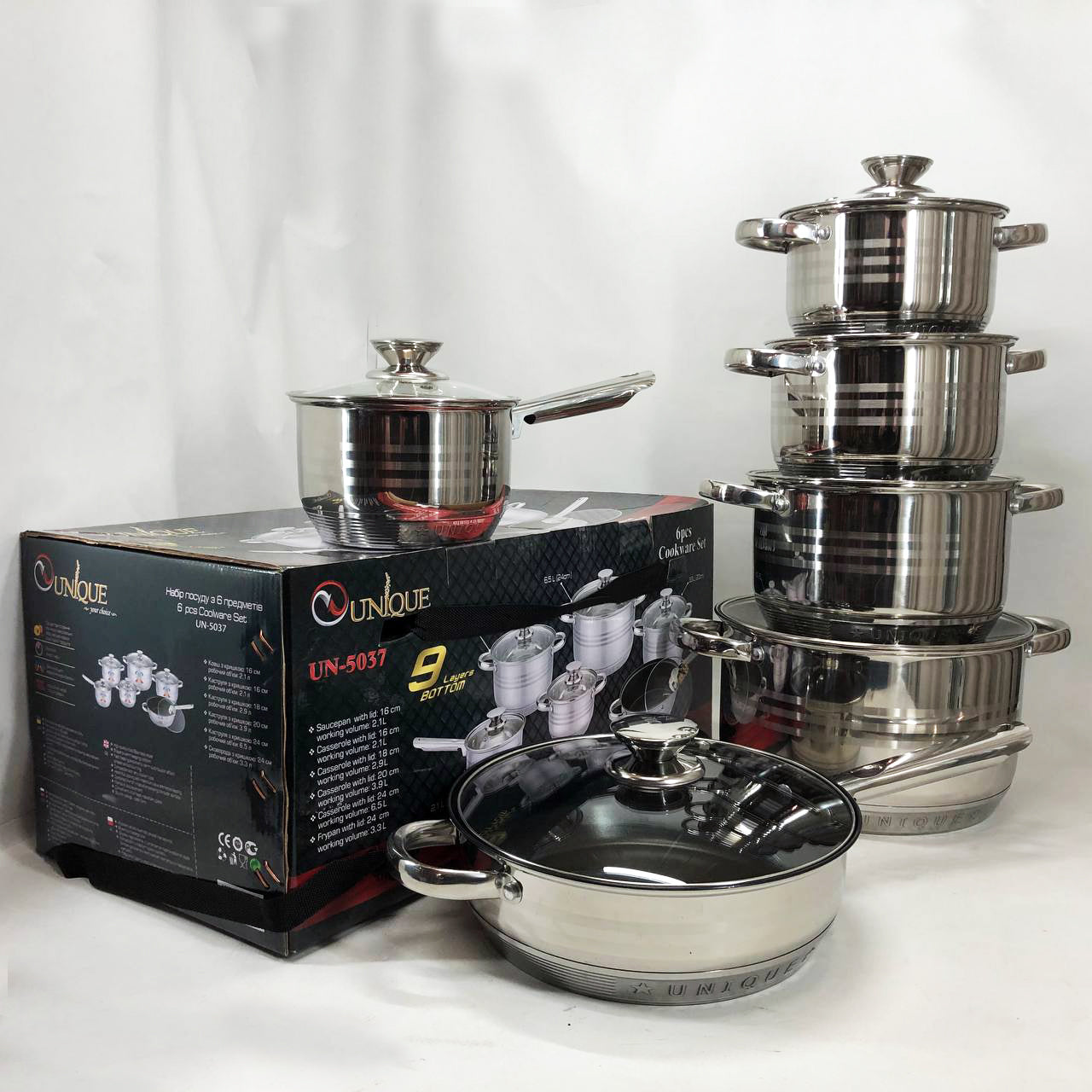 Набор посуды UNIQUE UN-5037 12 предметов (16; 16; 18; 20; 24; сковорода 24 см)