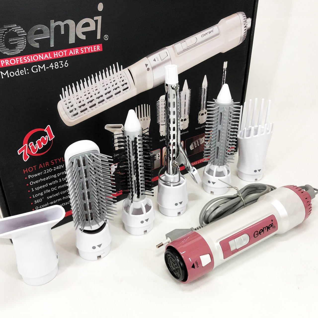 Фен для волос стайлер с насадками Gemei GM-4836 7 в 1, Фен-стайлер с различными насадками