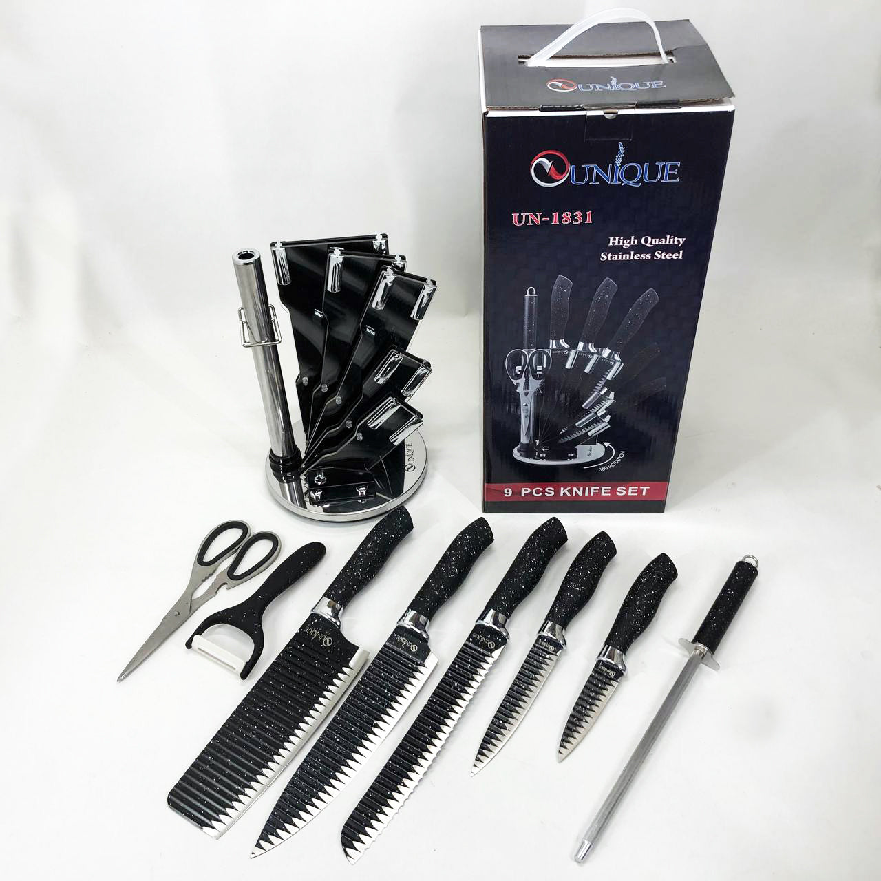 Набор ножей UNIQUE UN-1831, 9 предметов, с подставкой, нержавеющая сталь, с овощечисткой, черный