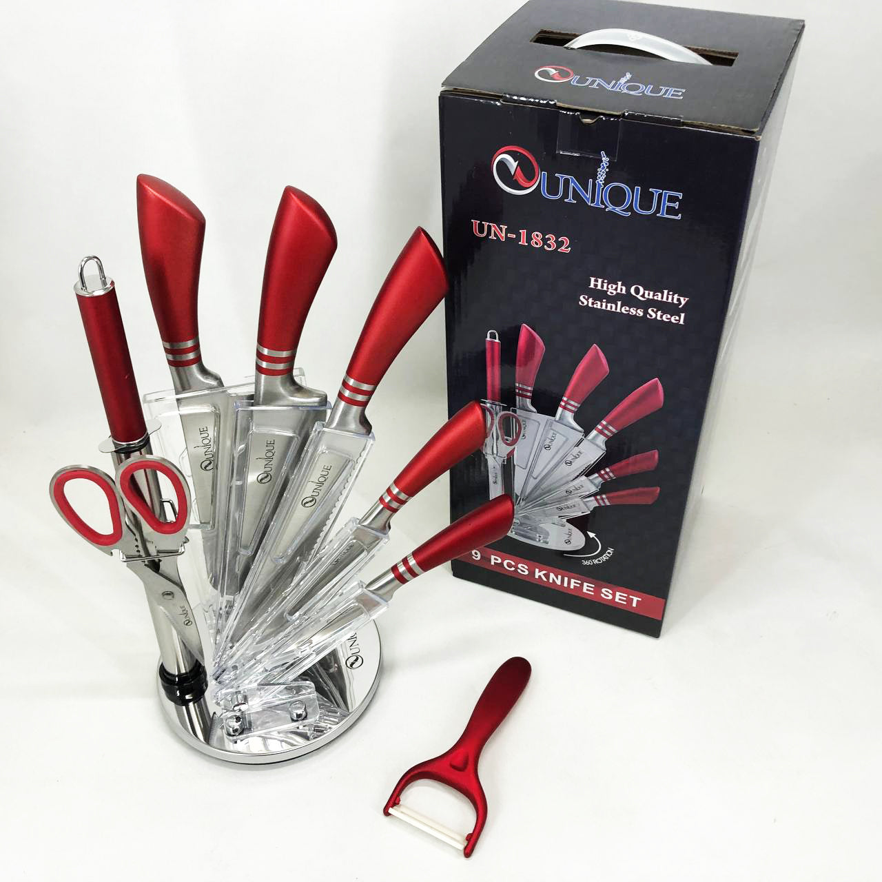 Набор ножей UNIQUE UN-1832 с подставкой 9 предметов овощечистка точилка ножницы Нержавеющая сталь