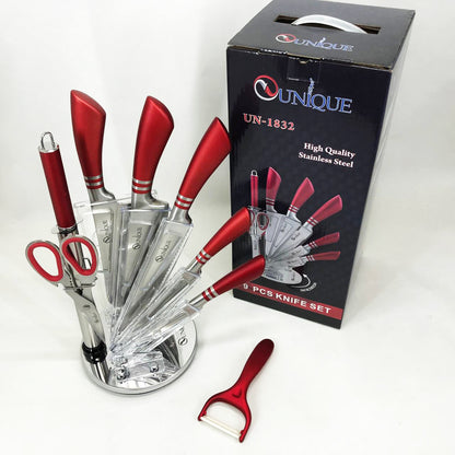 Набор ножей UNIQUE UN-1832 с подставкой 9 предметов овощечистка точилка ножницы Нержавеющая сталь