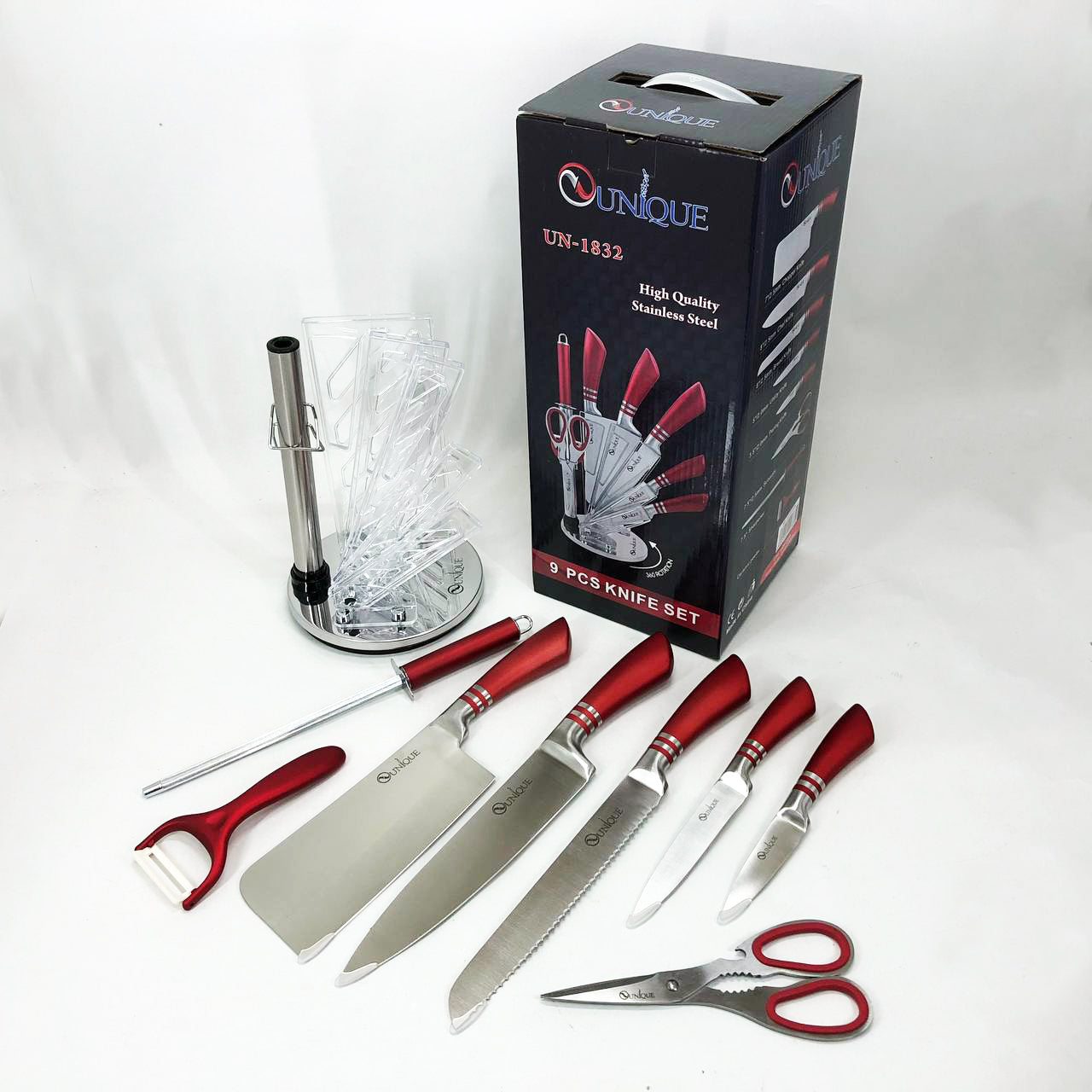 Набор ножей UNIQUE UN-1832 с подставкой 9 предметов овощечистка точилка ножницы Нержавеющая сталь