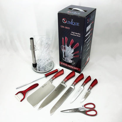 Набор ножей UNIQUE UN-1832 с подставкой 9 предметов овощечистка точилка ножницы Нержавеющая сталь