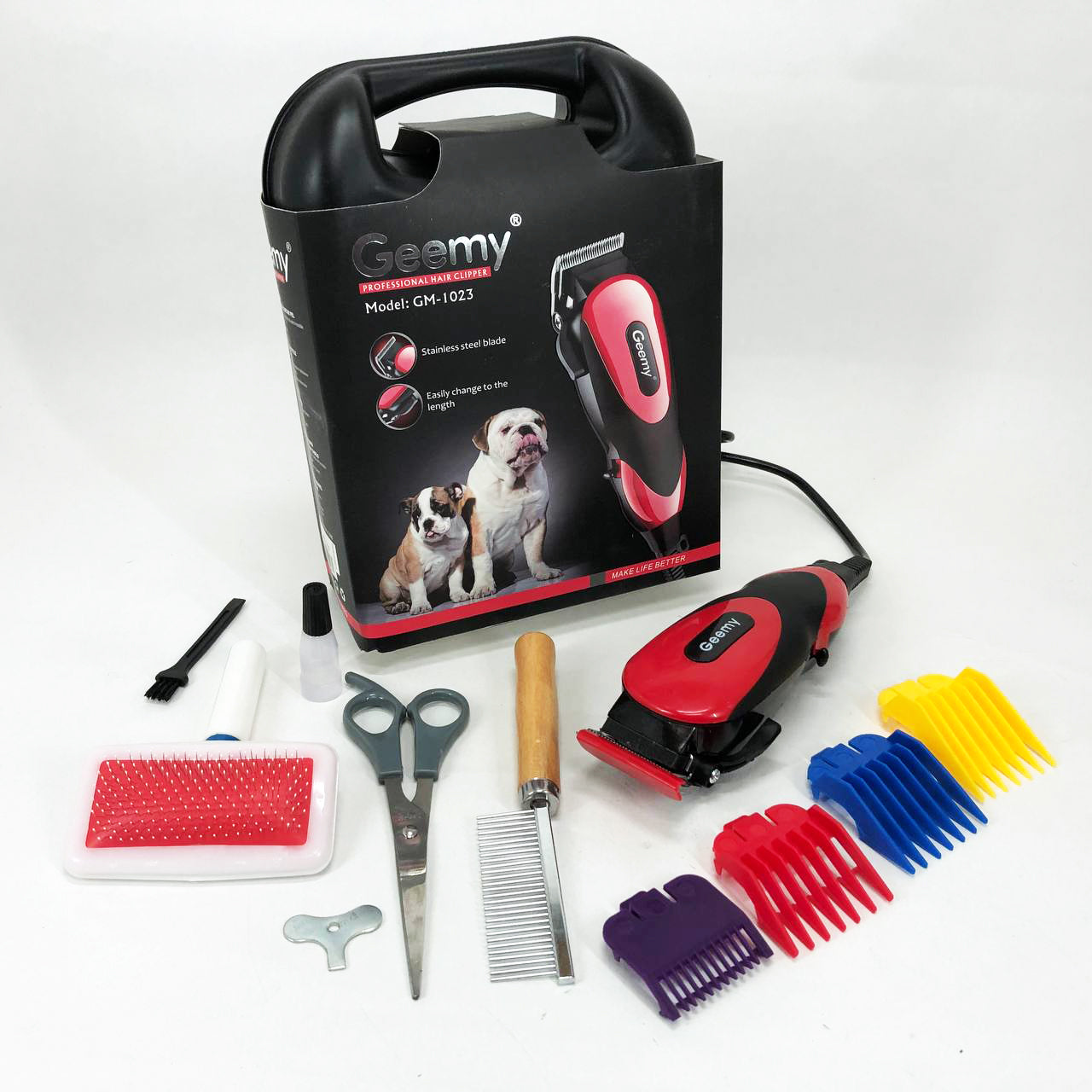 Машинка Gemei GM-1023 для стрижки животных с 4 насадками для любого типа шерсти + ножницы и расческа-гребешок