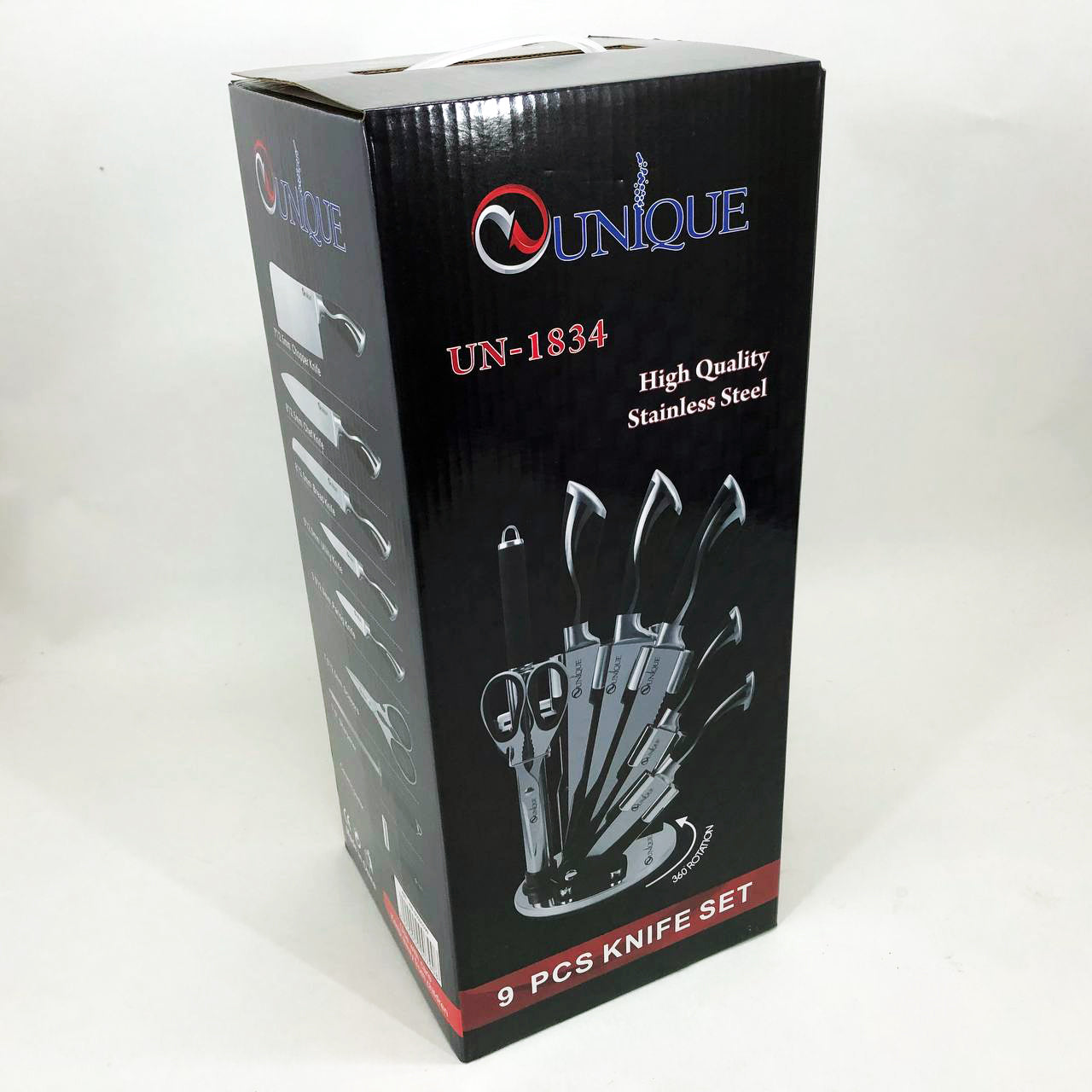 Набор ножей UNIQUE UN-1834 с вращающейся подставкой 9 предметов, Ножи кухонные из нержавеющей стали
