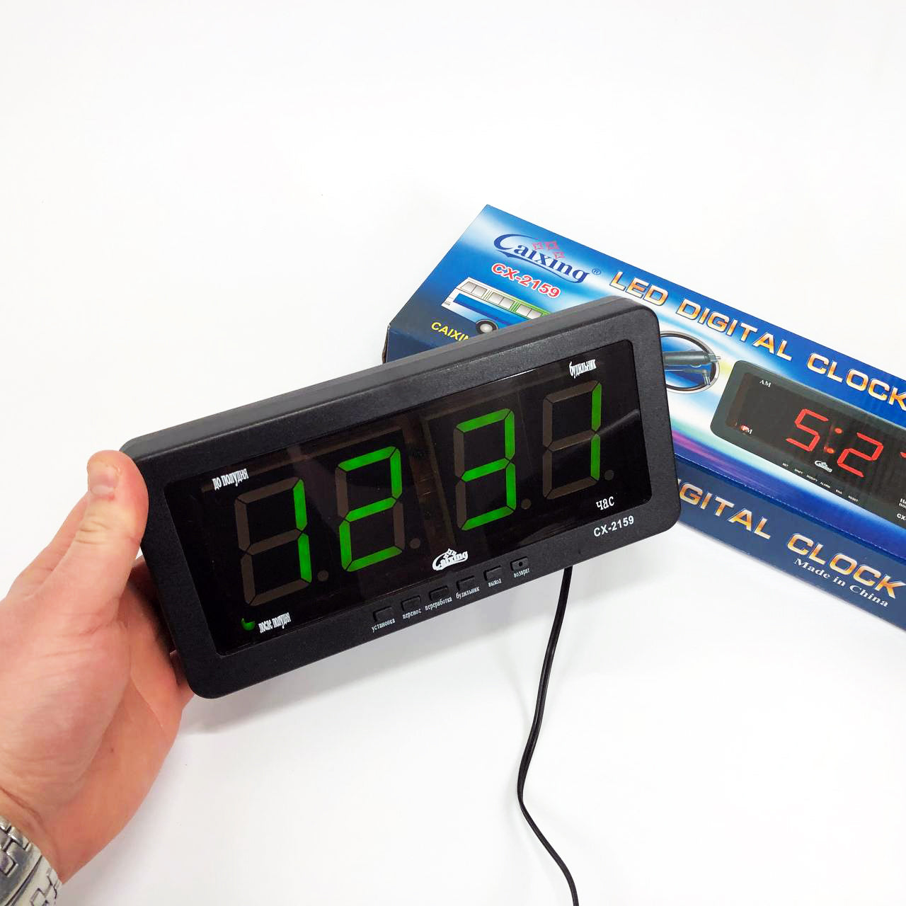 Часы электронные Caixing CX 2159 12В 220В Настольные Настенные Будильник Черный корпус Зеленые цифры