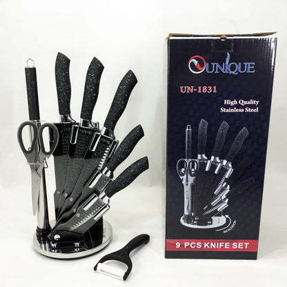 Набор ножей UNIQUE UN-1831, 9 предметов, с подставкой, нержавеющая сталь, с овощечисткой, черный