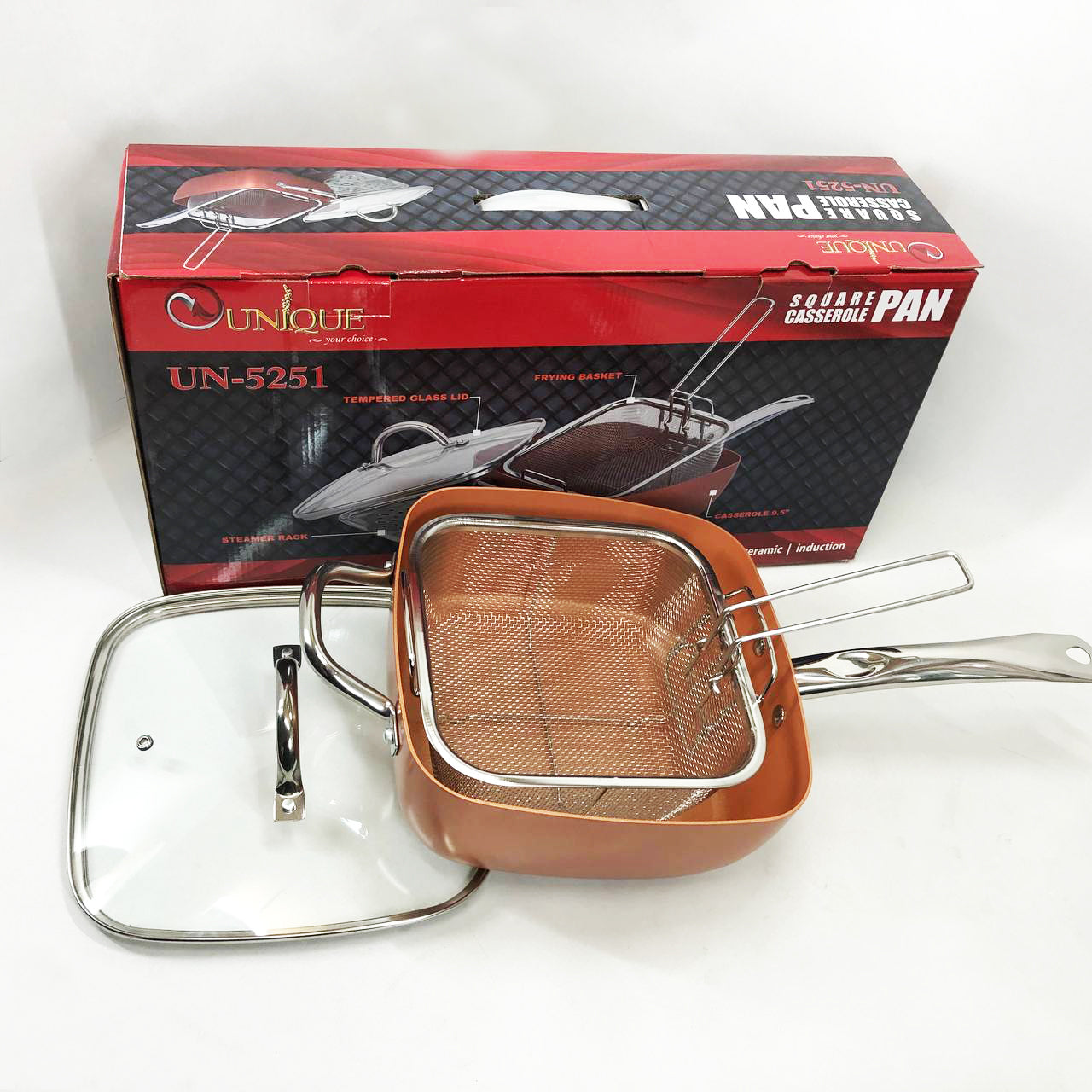 Сковорода-фритюрница UNIQUE UN-5251 квадратная антипригарная с пароваркой и кастрюлей + стеклянная крышка 24 см
