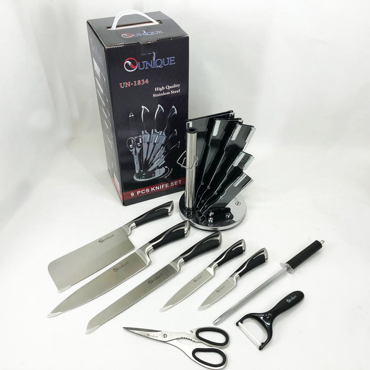 Набор ножей UNIQUE UN-1834 с вращающейся подставкой 9 предметов, Ножи кухонные из нержавеющей стали