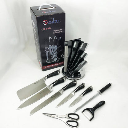 Набор ножей UNIQUE UN-1834 с вращающейся подставкой 9 предметов, Ножи кухонные из нержавеющей стали