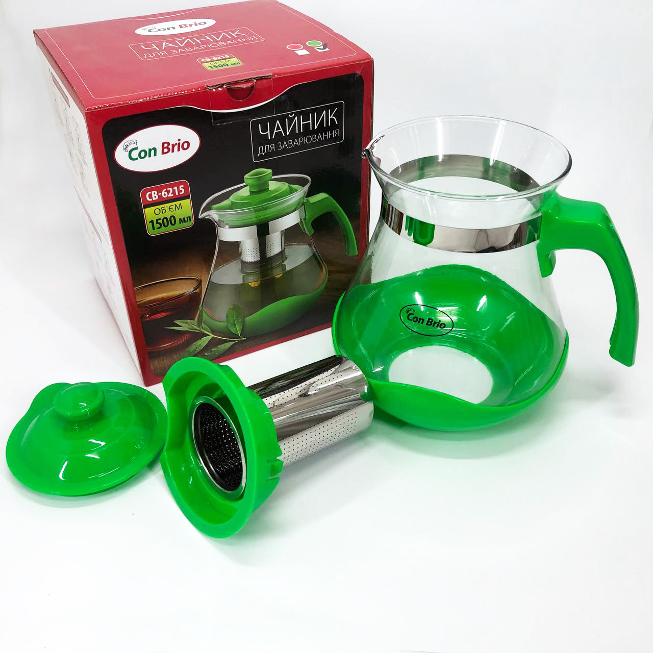 Чайник заварочный Con Brio Green CB-6215 1,5 л, Чайник самовар стеклянный. Цвет: зеленый