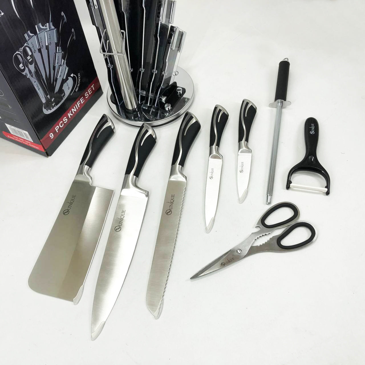 Набор ножей UNIQUE UN-1834 с вращающейся подставкой 9 предметов, Ножи кухонные из нержавеющей стали