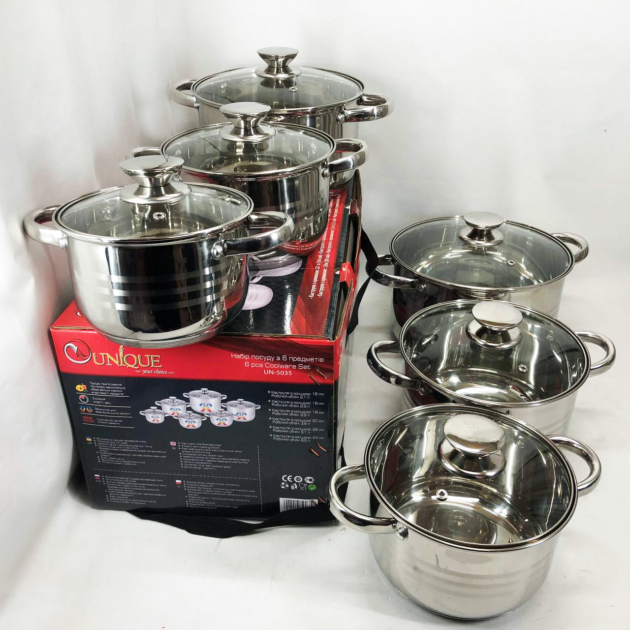 Набор кастрюль UNIQUE UN-5035 из нержавеющей стали с толстым дном в 5 слоев с крышками стеклянными 6 предметов