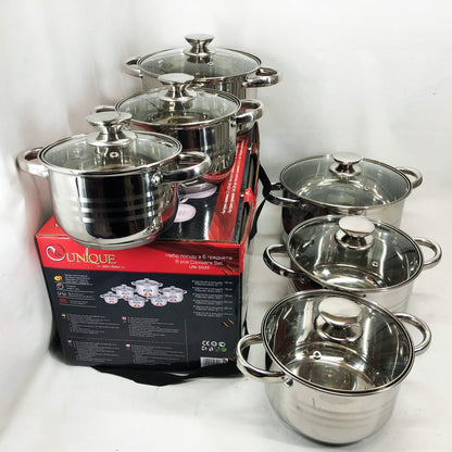 Набор кастрюль UNIQUE UN-5035 из нержавеющей стали с толстым дном в 5 слоев с крышками стеклянными 6 предметов