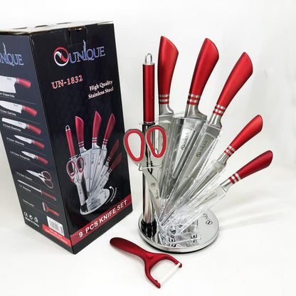 Набор ножей UNIQUE UN-1832 с подставкой 9 предметов овощечистка точилка ножницы Нержавеющая сталь