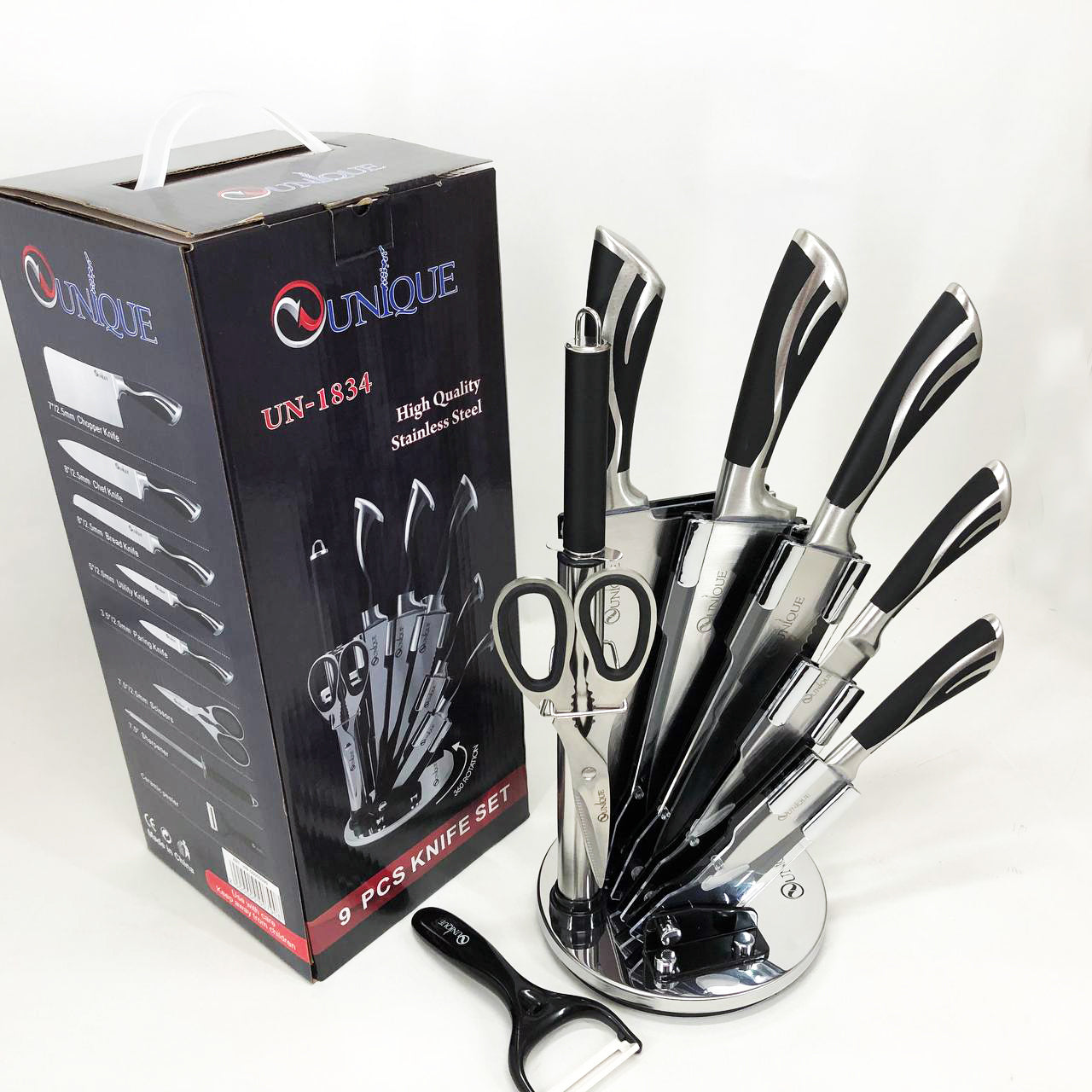 Набор ножей UNIQUE UN-1834 с вращающейся подставкой 9 предметов, Ножи кухонные из нержавеющей стали