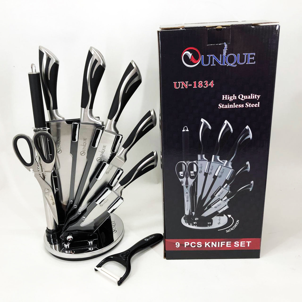 Набор ножей UNIQUE UN-1834 с вращающейся подставкой 9 предметов, Ножи кухонные из нержавеющей стали