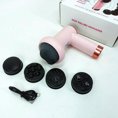 Массажер антицеллюлитный для тела рук и ног 4 насадки 6 скоростей Deep Rolling Massager. Цвет: розовый