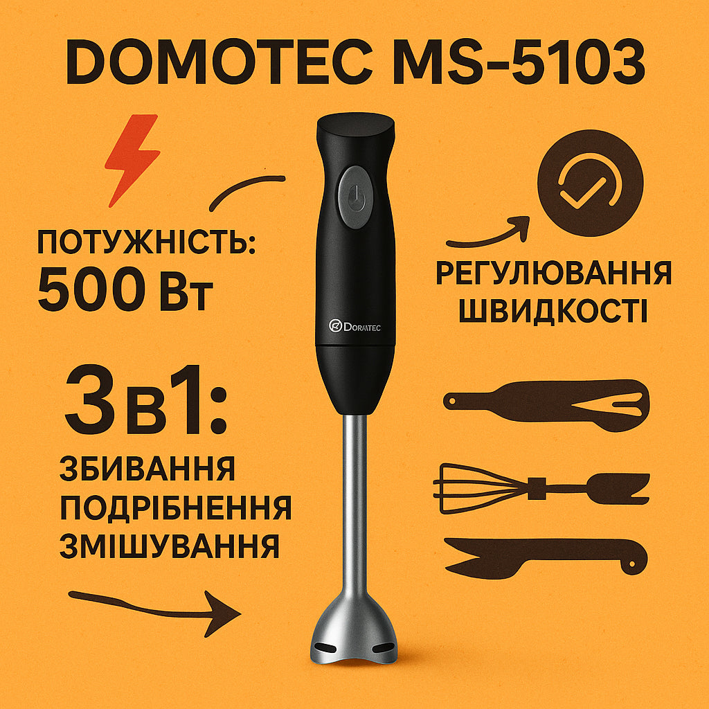 Блендер DOMOTEC MS-5103 3в1 погружной, 500 Вт, ручной погружной блендер, электрический блендер