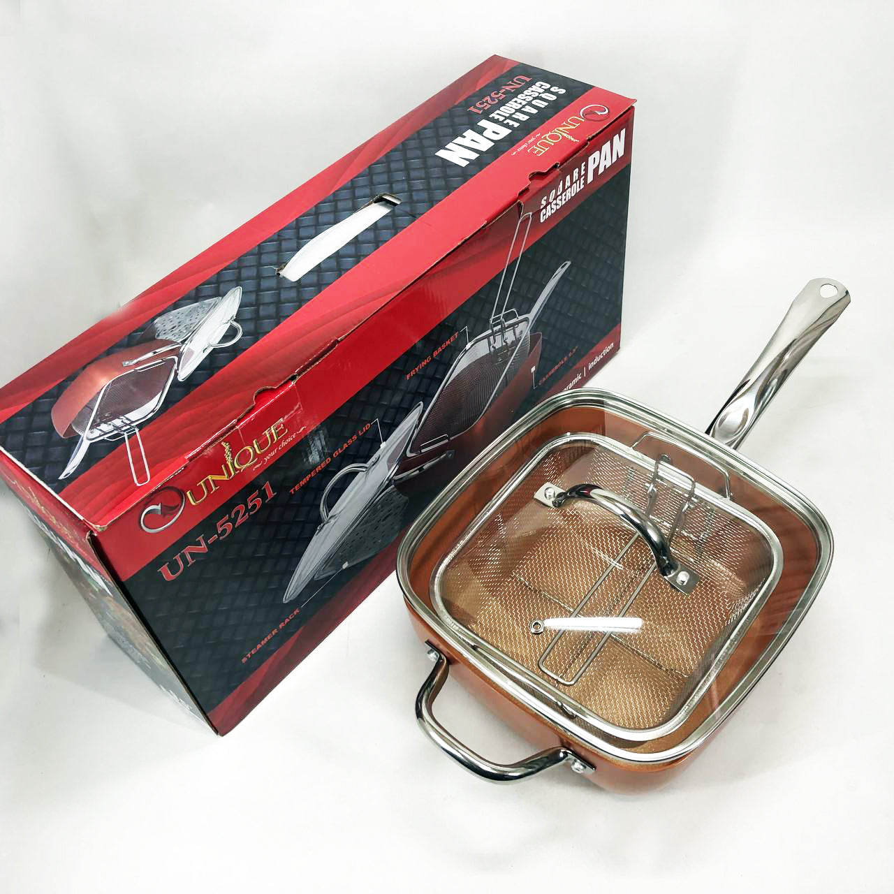 Сковорода-фритюрница UNIQUE UN-5251 квадратная антипригарная с пароваркой и кастрюлей + стеклянная крышка 24 см