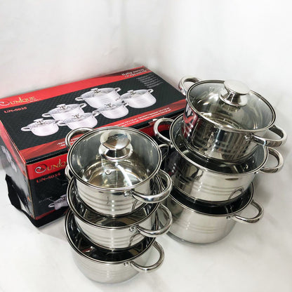 Набор кастрюль UNIQUE UN-5035 из нержавеющей стали с толстым дном в 5 слоев с крышками стеклянными 6 предметов