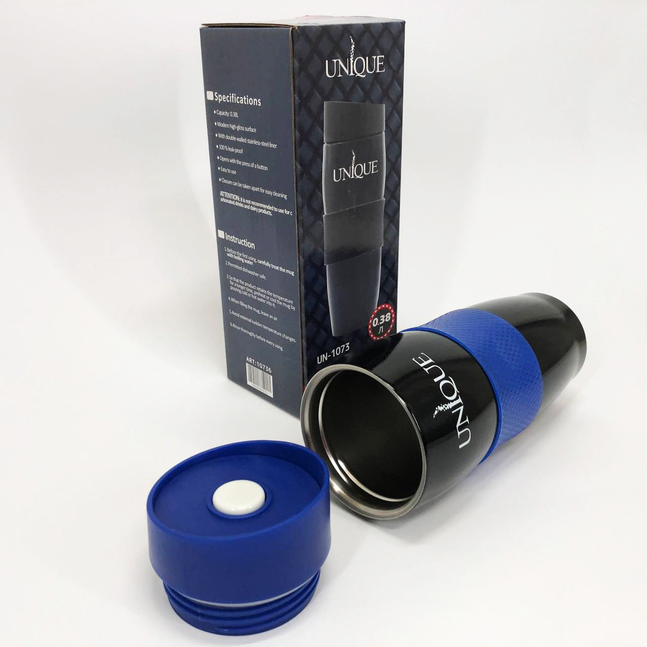 Термокружка UNIQUE UN-1073 0.38 л, Термос из нержавейки металлический. Цвет: синий