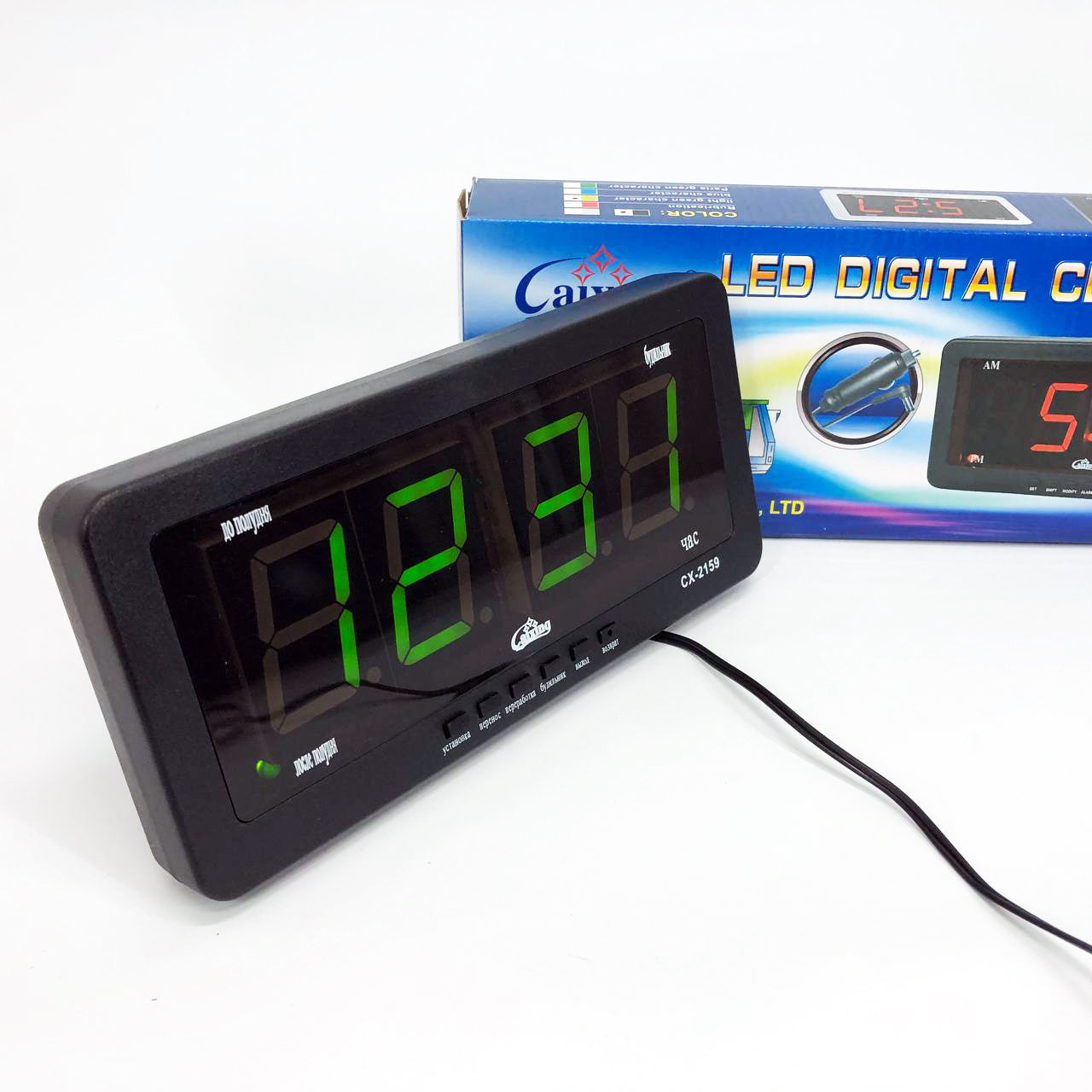 Часы электронные Caixing CX 2159 12В 220В Настольные Настенные Будильник Черный корпус Зеленые цифры