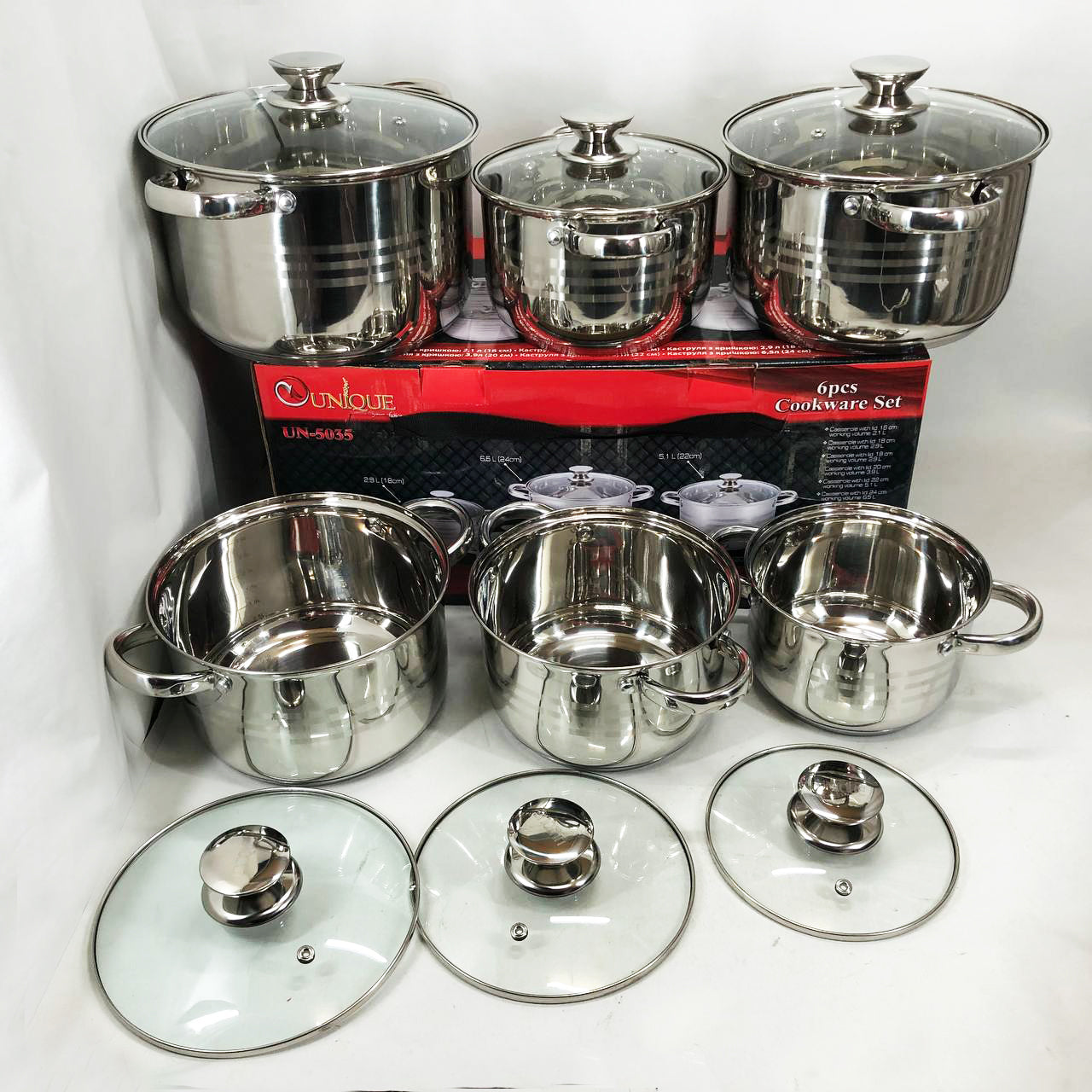 Набор кастрюль UNIQUE UN-5035 из нержавеющей стали с толстым дном в 5 слоев с крышками стеклянными 6 предметов