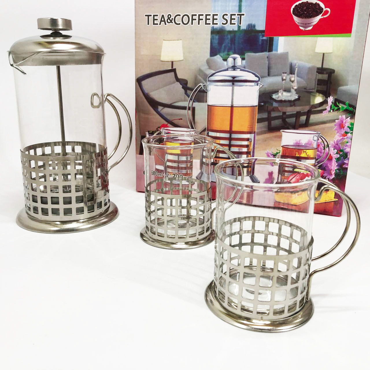 Пресс заварник из жаропрочного боросиликатного стекла UNIQUE UN-1155 0.6 л + 2 чашки Френч-пресс для кофе