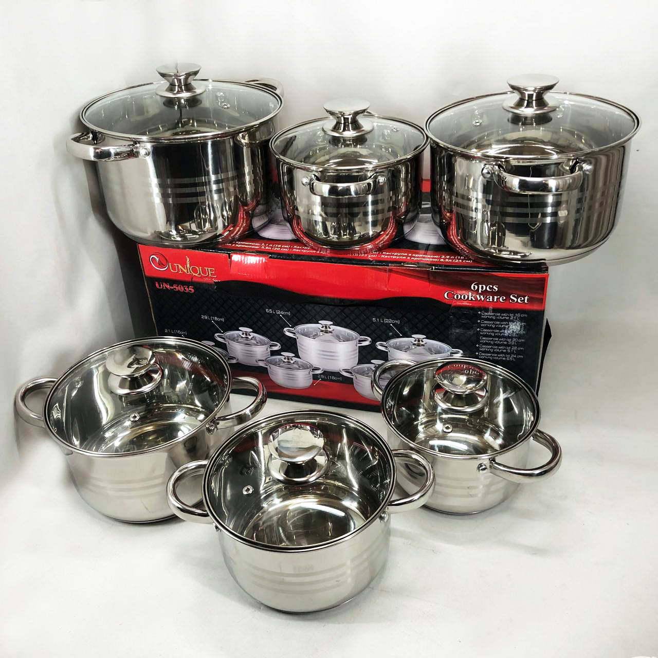 Набор кастрюль UNIQUE UN-5035 из нержавеющей стали с толстым дном в 5 слоев с крышками стеклянными 6 предметов