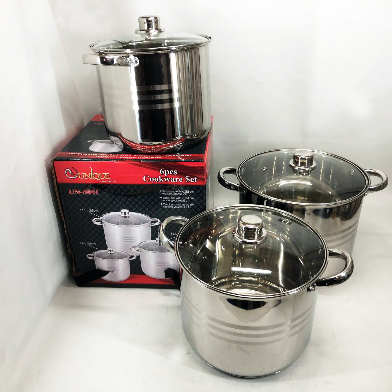 Набор больших кастрюль Unique UN-5041 из нержавеющей стали 5-ти слойным дном с крышками