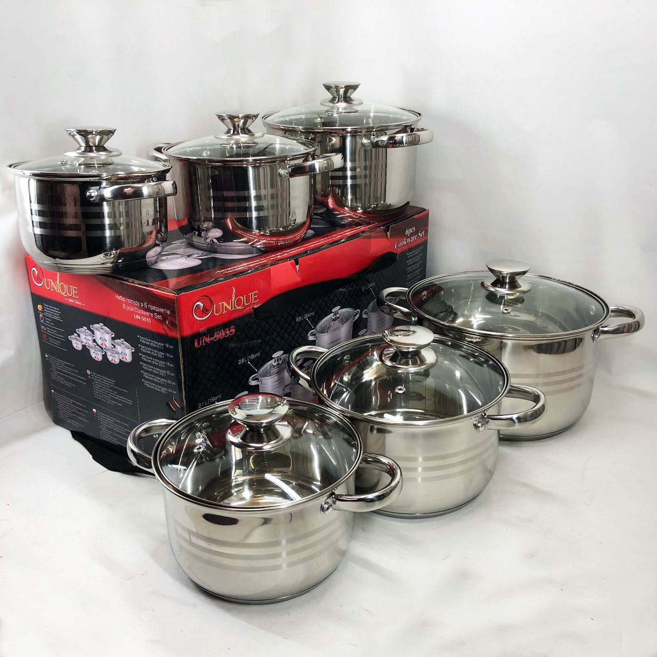 Набор кастрюль UNIQUE UN-5035 из нержавеющей стали с толстым дном в 5 слоев с крышками стеклянными 6 предметов