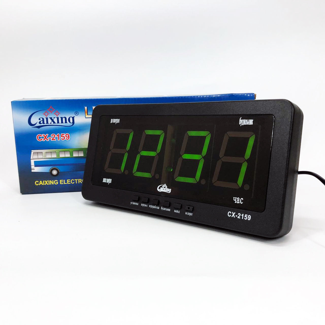 Часы электронные Caixing CX 2159 12В 220В Настольные Настенные Будильник Черный корпус Зеленые цифры