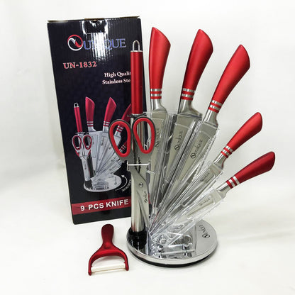 Набор ножей UNIQUE UN-1832 с подставкой 9 предметов овощечистка точилка ножницы Нержавеющая сталь