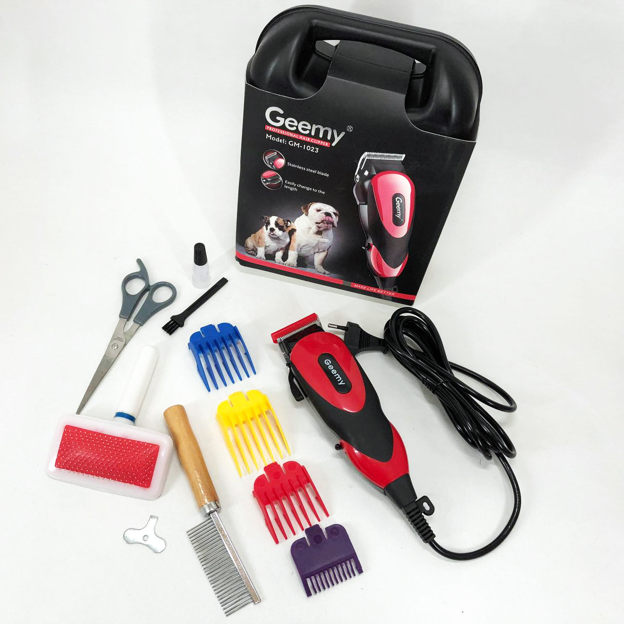 Машинка Gemei GM-1023 для стрижки животных с 4 насадками для любого типа шерсти + ножницы и расческа-гребешок
